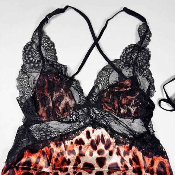 NWT Fredericks of Hollywood Satin Maxi Gown Sz.S Leopard Print Black Lace Sheer - Picture 5 of 10